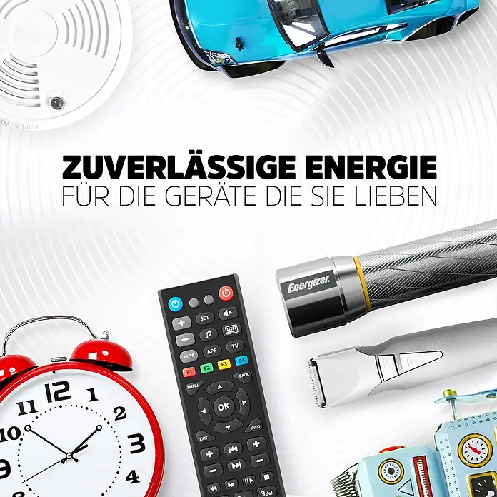 Energizer Max Alkaline-Batterie - Mignon AA, Alkali-Mangan, 4 Stk. - Produktbild mit dem Slogan "Zuverlässige Energie für die Geräte, die Sie lieben" und verschiedenen Gadgets, die Batterien benötigen.