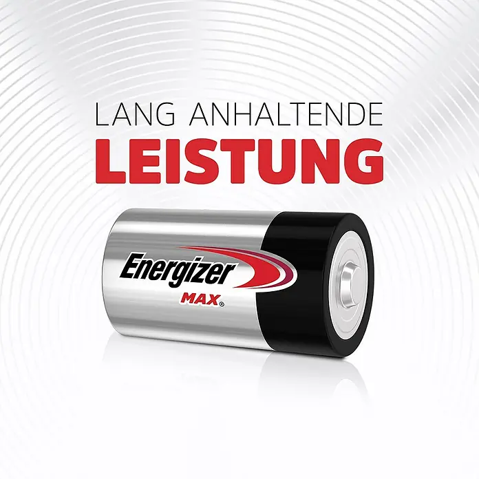 Energizer Batterie Max D - Mono D, 1,5 V - Eine Energizer MAX Batterie, bekannt für ihre langanhaltende Leistung, ideal für verschiedenste Geräte im Alltag.