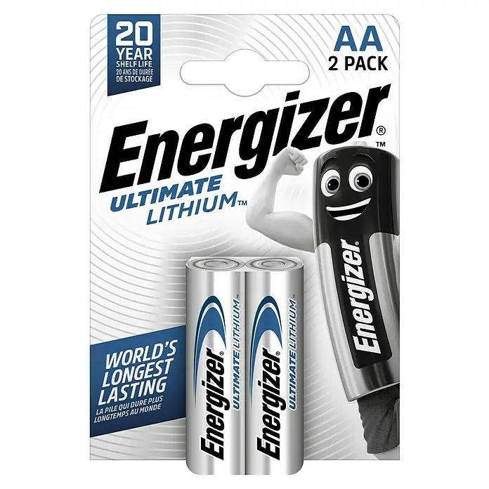 Energizer Batterie Ultimate Lithium - Mignon AA, 1,5 V, 2 Stk. - Eine Packung Energizer Ultimate Lithium AA-Batterien (2 Stück) mit dem Energizer-Hasen und dem Hinweis auf eine 20-jährige Lagerfähigkeit.