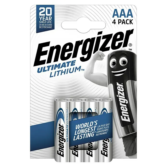 Energizer Batterie Ultimate Lithium - Micro AAA, 1,5 V, 4 Stk. - Eine Packung Energizer AAA Ultimate Lithium Batterien, 4 Stück, mit 20 Jahren Haltbarkeit und dem Energizer-Hasen.