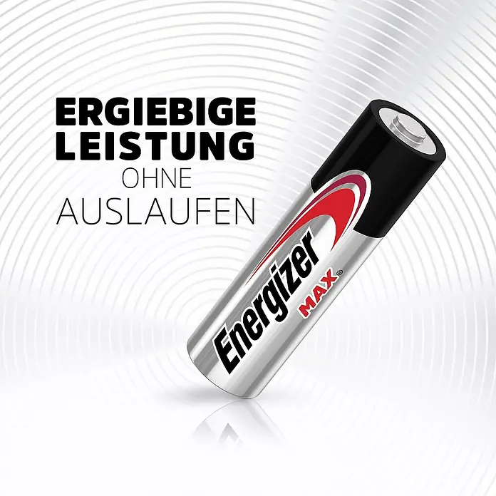 Energizer Max Alkaline-Batterie - Mignon AA, Alkali-Mangan, 4 Stk. - Darstellung einer Energizer MAX Batterie vor einem abstrakten Hintergrund.