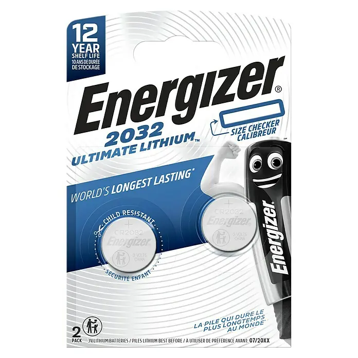 Energizer Ultimate Lithium Knopfzelle - Lithium, CR2032, 3 V, 2 Stk. - Abbildung einer 2er-Packung Energizer 2032 Lithium Knopfzellenbatterien, die eine 12-jährige Haltbarkeit und Kindersicherung bieten.