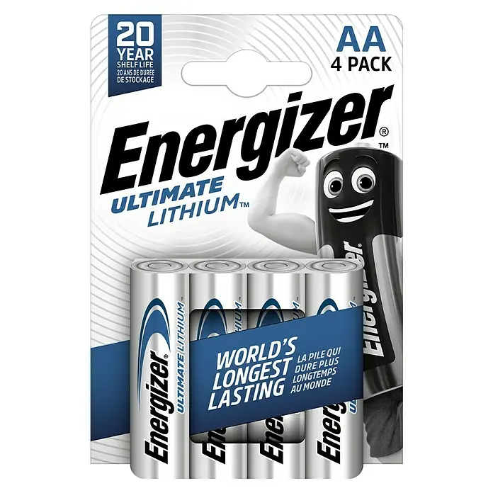 Energizer Batterie Ultimate Lithium - Mignon AA, 1,5 V, 4 Stk. - Eine 4er-Packung Energizer Ultimate Lithium AA-Batterien mit dem Energizer Bunny und dem Slogan "World's longest lasting".