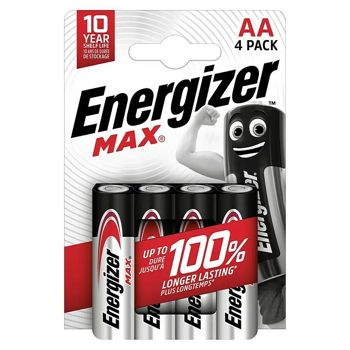 Energizer Max Alkaline-Batterie - Mignon AA, Alkali-Mangan, 4 Stk. - Verpackung von Energizer Max AA Batterien, 4er-Pack, mit dem Hinweis auf bis zu 100% längere Lebensdauer und 10 Jahre Lagerfähigkeit.