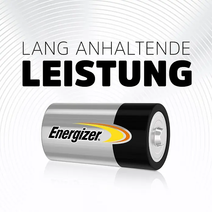 Energizer Batterie - Alkali-Mangan, Baby C, 2 Stk. - Das Bild zeigt eine Energizer-Batterie mit dem Schriftzug "Lang anhaltende Leistung" im Hintergrund.