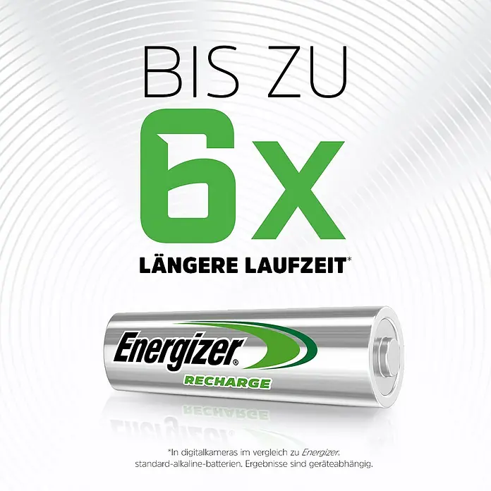 Energizer Akku Rechargeable Extreme AA - 2.300 mAh, 4 Stk., Mignon AA - Eine Energizer Recharge-Batterie, die bis zu 6-mal längere Laufzeit bietet.