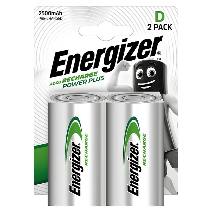 Energizer Rechargeable PowerPlus Akku - 2.500 mAh, Mono D, 2 Stk. - Abbildung einer 2er-Packung Energizer D-Akku-Batterien mit 2500mAh und dem Energizer-Hasen.