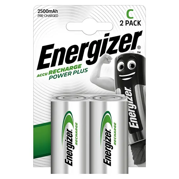 Energizer Rechargeable PowerPlus Akku - 2.500 mAh, Baby C, 2 Stk. - Abbildung einer 2er-Packung Energizer C 2500mAh Akkus, ideal für Geräte mit hohem Stromverbrauch.