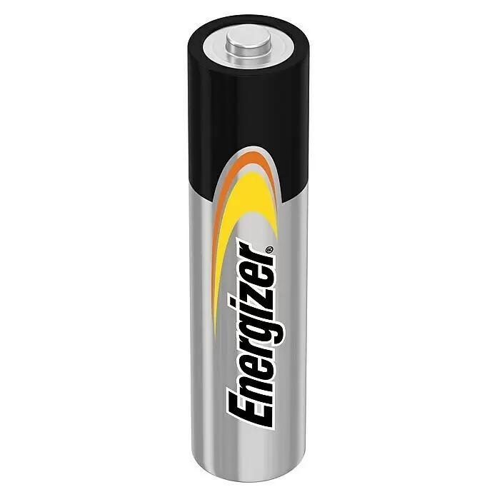 Energizer Batterie Micro AAA - 16 Stk., Micro AAA, 1,5 V - Eine silberne und schwarze zylindrische Energizer-Batterie mit orangefarbenen und gelben Bogestreifen und schwarzem Energizer-Logo.