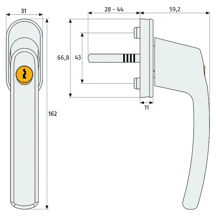 Abus Fenstergriff FG 210 - Silber, Abschließbar - Technische Zeichnung eines Fenstergriffs mit Sperre, inklusive aller Maße und Abmessungen für die Installation.