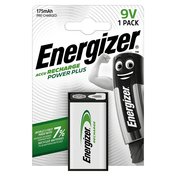 Energizer Rechargeable PowerPlus Akku - 175 mAh - Eine Packung Energizer Accu Recharge Power Plus 9V Akkus mit 175mAh Kapazität, ideal für Geräte mit hohem Stromverbrauch.