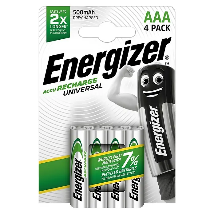 Energizer Akku Rechargeable Universal Micro AAA - 500 mAh - Eine Packung Energizer AAA Akkus mit 500mAh, wiederaufladbar, 4 Stück, ideal für Geräte des täglichen Gebrauchs.