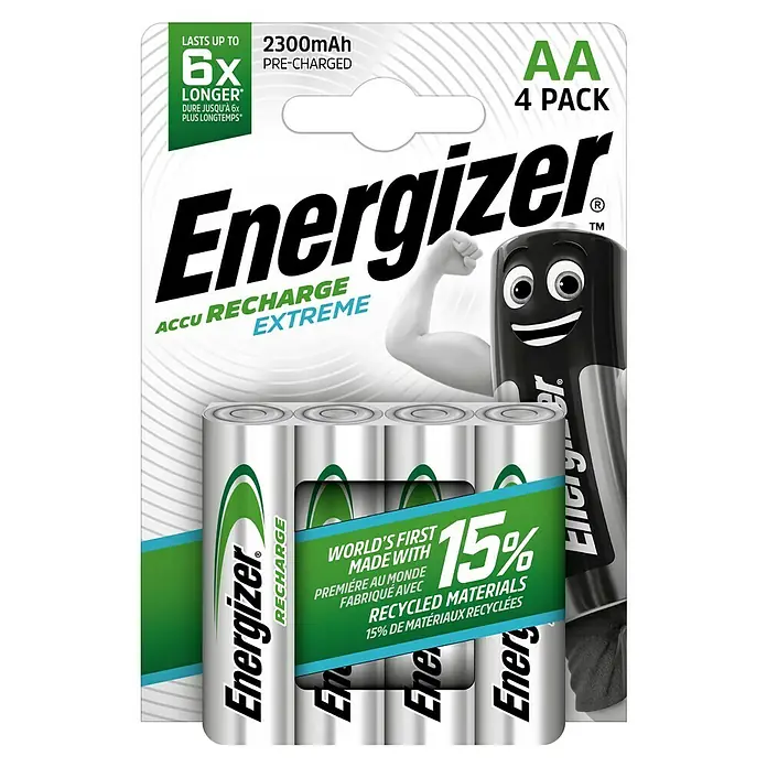 Energizer Akku Rechargeable Extreme AA - 2.300 mAh, 4 Stk., Mignon AA - Eine Packung Energizer Akku Recharge Extreme AA-Batterien mit 2300mAh, wiederaufladbar und mit bis zu 6x längerer Laufzeit.
