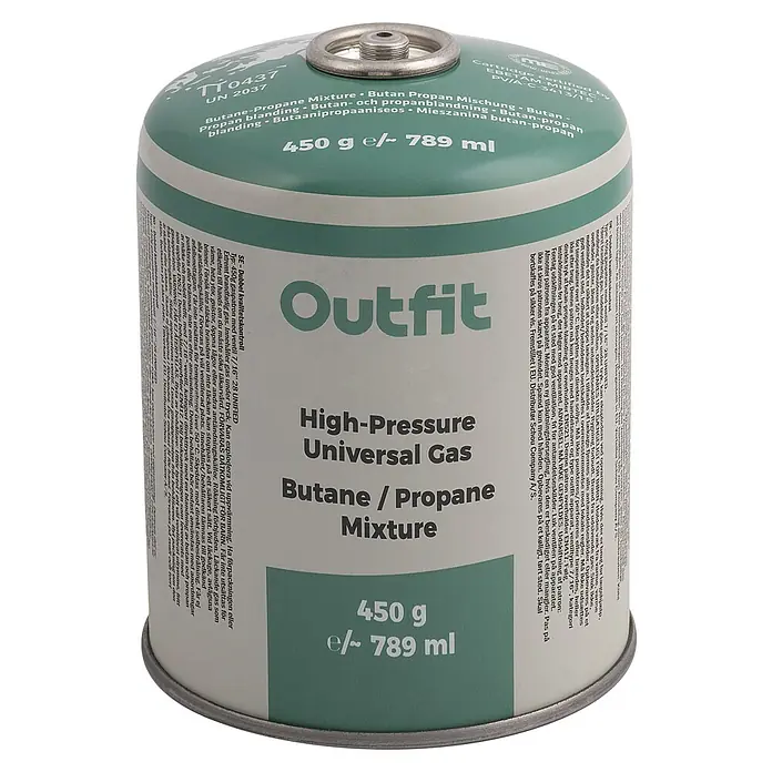 Outfit Schraubkartusche - 450 g - Bild einer Gaskartusche der Marke Outfit mit einer Butan-Propan-Mischung, geeignet für Hochdruck-Universal-Gasanwendungen, mit 450g Inhalt.