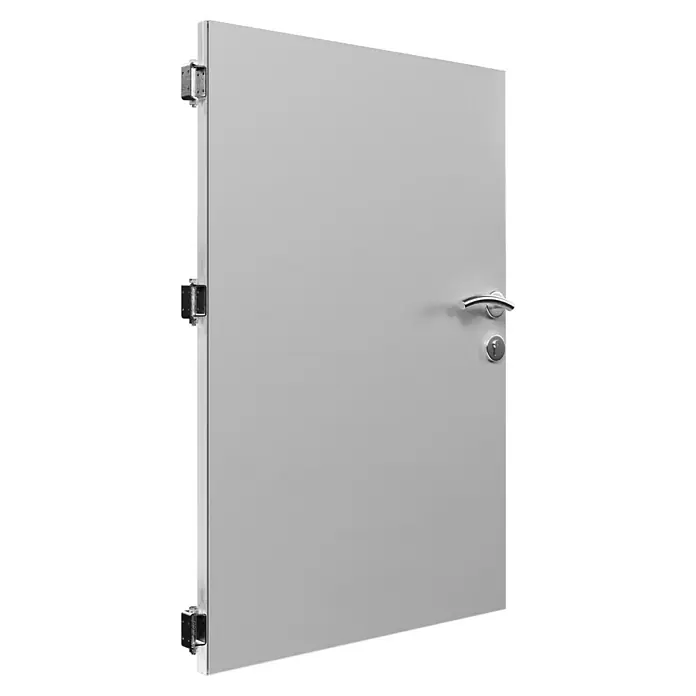 Gabio Zauntor Voll - 4,2 x 135 cm, Stahl, Hellgrau - Graue Tür mit silbernem Griff und Schloss, befestigt mit robusten Scharnieren. Ideal für Sicherheitsbereiche.