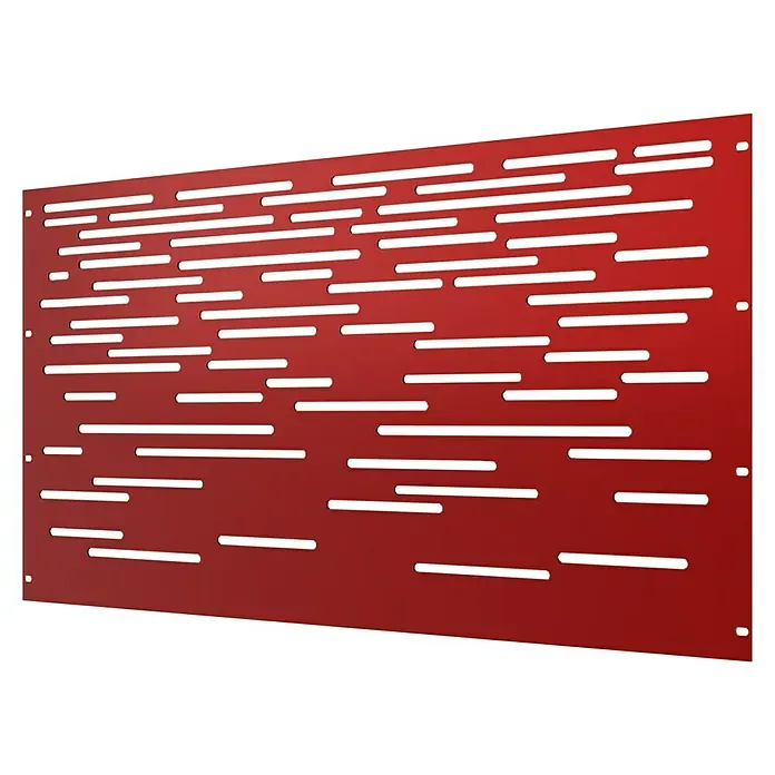 Gabio Zaunelement Lines - 197,5 x 90 cm, Stahl, Rubinrot - Rote perforierte Platte mit horizontalen Schlitzen, ideal als moderne Wanddekoration oder funktionelles Designelement.