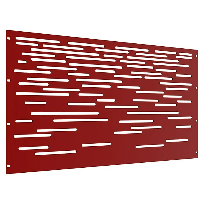 Gabio Zaunelement Lines - 197,5 x 90 cm, Stahl, Rubinrot - Eine rote Akustikplatte mit horizontalen Schlitzen zur Schallabsorption und dekorativen Wandgestaltung.