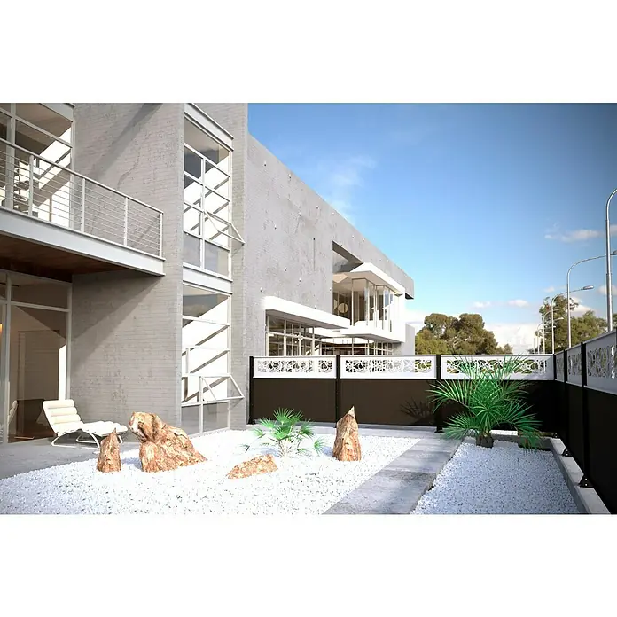 Gabio Zaunelement Voll - 197,5 x 90 cm, Stahl, Anthrazit - Eine moderne Hausfassade mit einem eleganten Zaun, der Privatsphäre und Stil vereint. Der Zaun ist ein Blickfang im Garten.