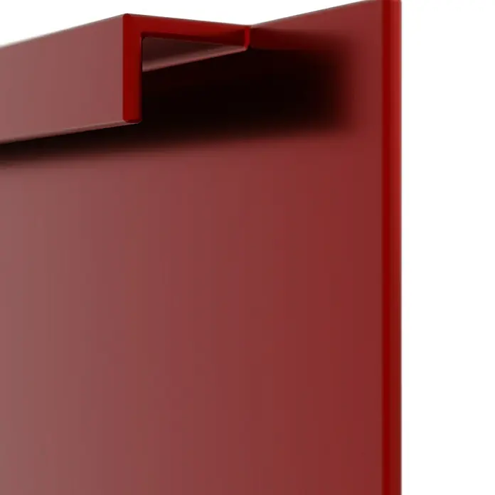 Gabio Zaunelement Voll - 197,5 x 45 cm, Stahl, Rubinrot - Nahaufnahme eines modernen, matten, rot lackierten Regalbodens, der minimalistisches Design und Funktionalität vereint.
