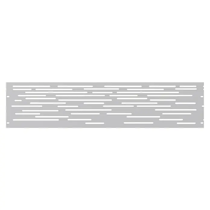Gabio Zaunelement Lines - 197,5 x 45 cm, Stahl, Weiß - Eine graue Wand mit horizontalen schwarzen Schlitzen, die ein modernes und minimalistisches Design erzeugt.