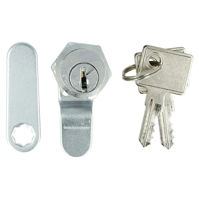 Portaferm Ersatzzylinder PF - Passend für: Portaferm Briefkästen PF - Dieses Bild zeigt ein Schrankschloss-Set, bestehend aus einem Schloss, einem Schließblech und zwei Schlüsseln mit Ring.