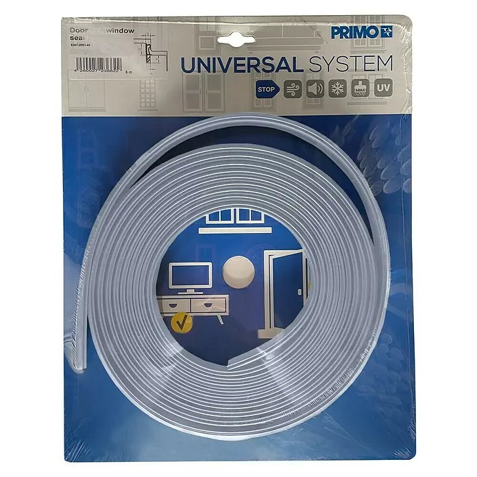 Primo Universaldichtung Lignum F 45 - Grau, 6 m, Passend für: Nutbreite 4 – 5 mm - Ein Primo Universal System Dichtungsband für Türen und Fenster, präsentiert in seiner Verpackung.