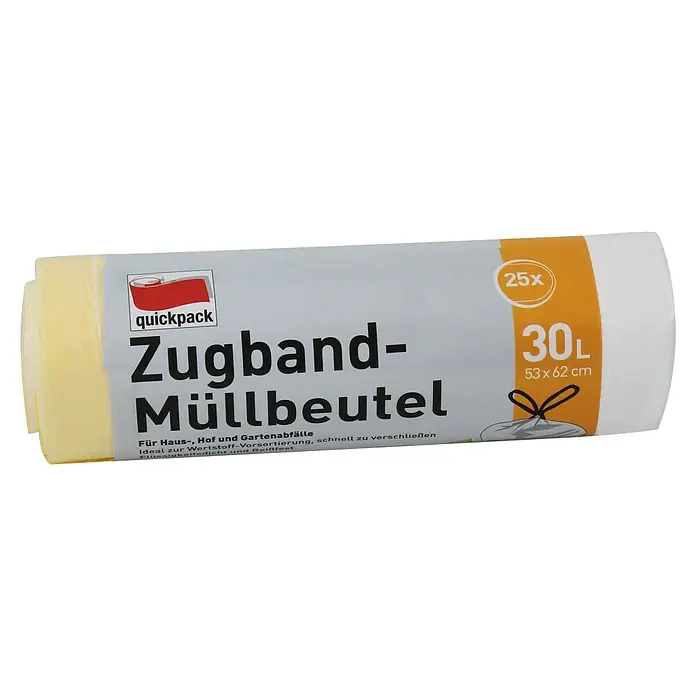 Quickpack Müllbeutel - 30 l, 25 Stk., Weiß - Eine Rolle Quickpack Zugband-Müllbeutel, 30 Liter Fassungsvermögen, mit Zugbandverschluss für eine einfache Handhabung.