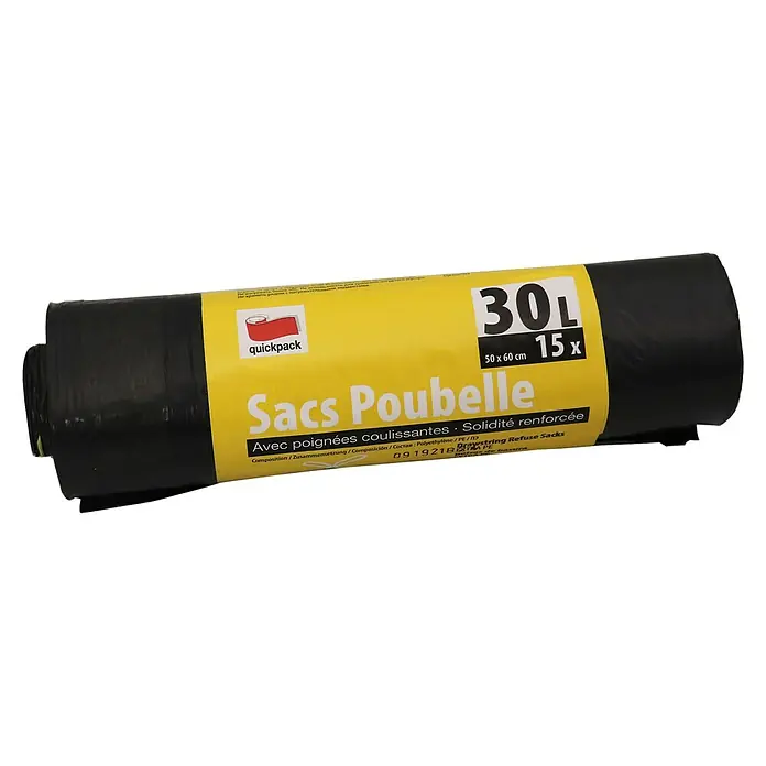 Quickpack Müllbeutel mit Zugband - Fassungsvermögen: 30 l, 15 Stk., Schwarz - Eine Rolle schwarzer "Quickpack" Müllbeutel, 30L Fassungsvermögen, 15 Stück. Die Säcke sind mit Zuziehbändern versehen und besonders reißfest.