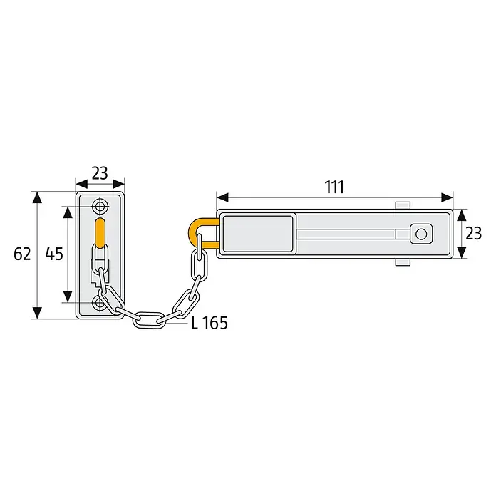 Abus Türkette SK 66 - 16,5 cm, Weiß - Abbildung einer Türsicherung mit Kette und den zugehörigen Maßen, die in einer technischen Zeichnung dargestellt sind.