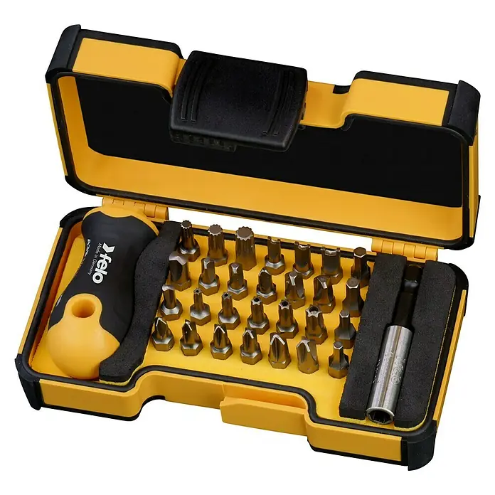Felo Bit-Set XS-Strongbox Security - 30 -tlg. - Ein gelber Werkzeugkoffer mit verschiedenen Schraubendreher-Bits und einem Schraubendrehergriff der Marke Felo.