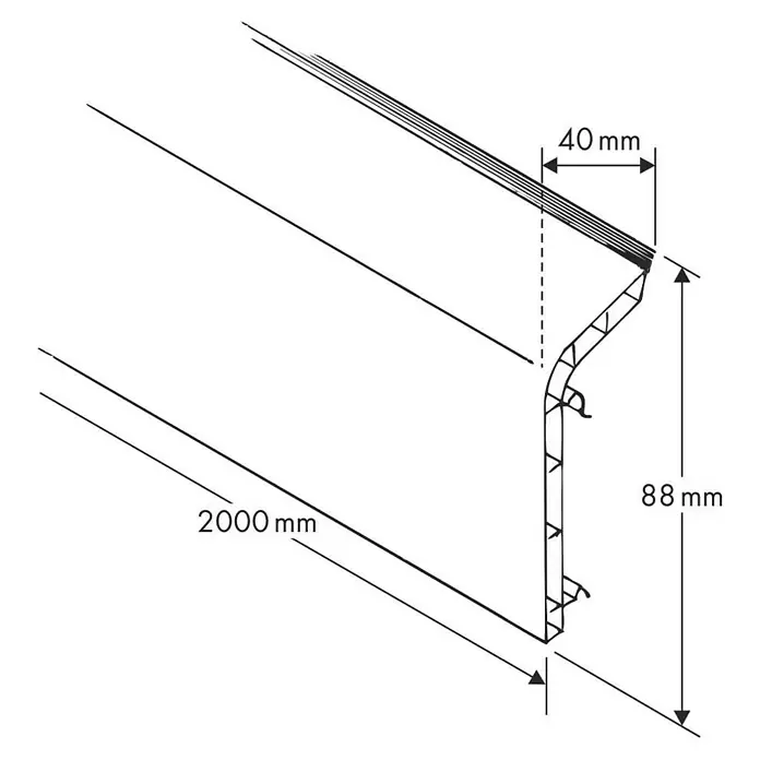 Marley Außenecke - Esche Weiß - Profilskizze eines 2000 mm langen Profils mit einer Höhe von 88 mm und einer Breite von 40 mm.