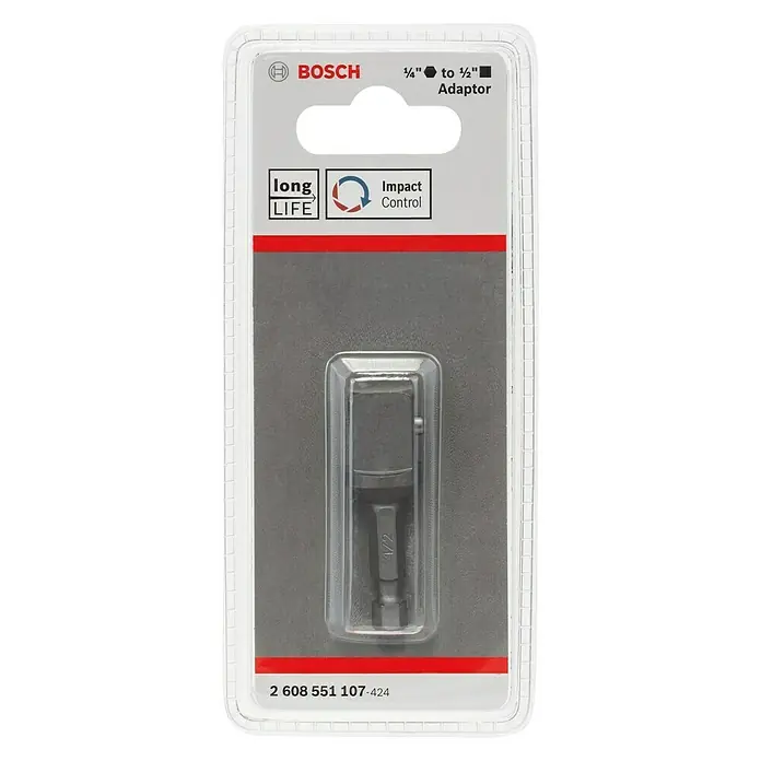 Bosch Adaptador para llave de vaso - Tamaño de accionamiento: Hexágono ¼'' - Imagen de un adaptador Bosch de 1/4" a 1/2" para taladros, dentro de un embalaje de plástico transparente con detalles rojos.