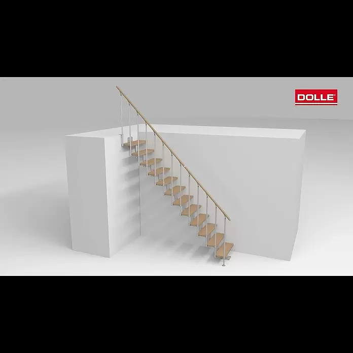 Dolle Mittelholmtreppe CorkBreite: 75 cm, Anthrazitgrau, Gerade, Farbe Stufen: Ahorn Natur, Geschosshöhe: 278 cm - 337 cm, Edelstahlgeländer - Montagevideo Mittelholmtreppe DOLLE Cork gerader AufbauMontagevideo Mittelholmtreppe DOLLE Cork gerader Aufbau