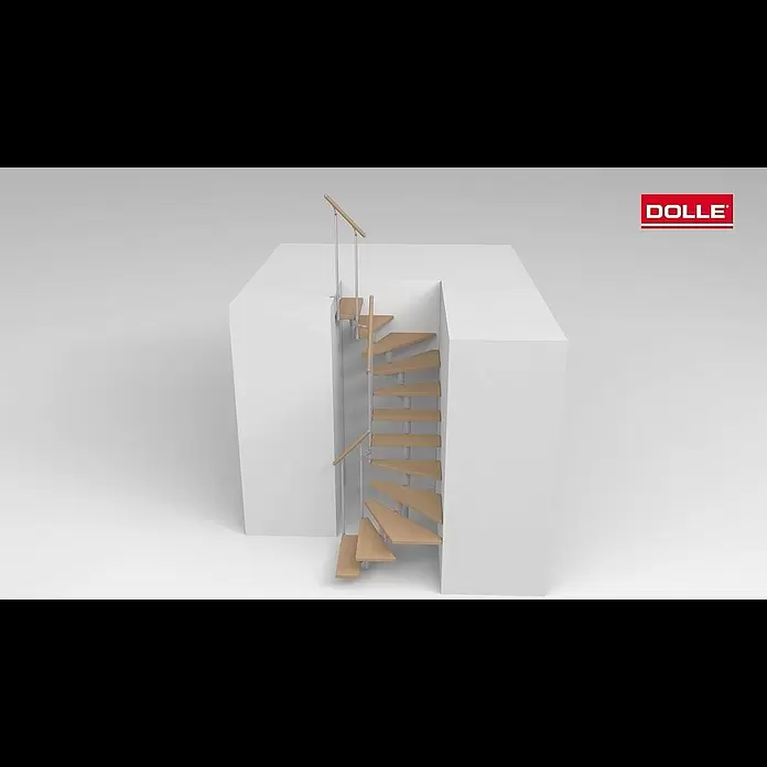 Dolle Mittelholmtreppe Cork - Breite: 75 cm, Perlgrau, 1/2-gewendelt, Farbe Stufen: Ahorn Natur, Geschosshöhe: 259 cm - 315 cm, Einzelstabgeländer - Montagevideo Mittelholmtreppe DOLL Cork halb gewendelt