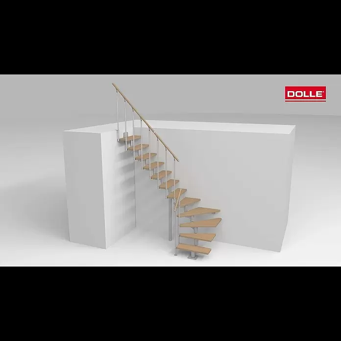 Dolle Mittelholmtreppe CorkBreite: 75 cm, Perlgrau, 1/4-gewendelt, Farbe Stufen: Eiche Natur, Geschosshöhe: 259 cm - 315 cm, Einzelstabgeländer - Montagevideo Mittelholmtreppe DOLLE  Cork viertel gewendelt