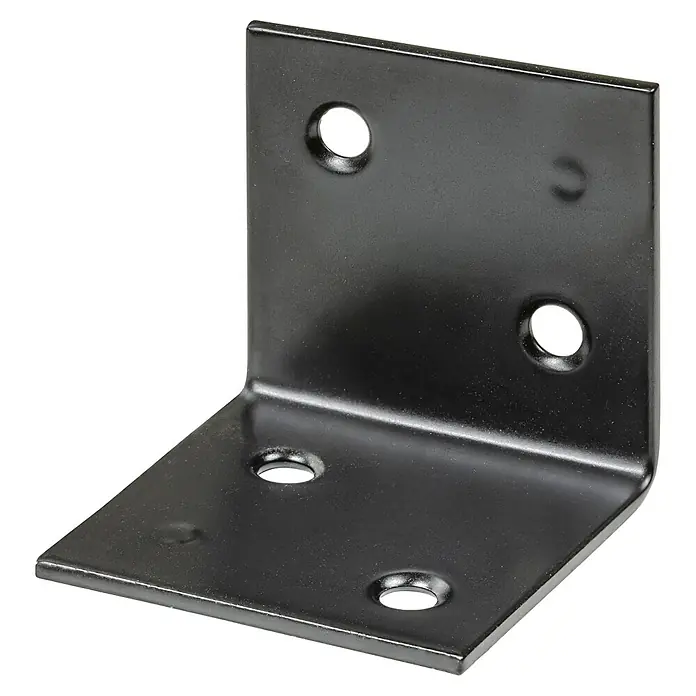 Vormann Breitwinkel - 30 x 30 mm, Schwarz, Stahl, 4 Löcher - Ein schwarzer, rechtwinkliger Winkelverbinder aus Metall mit Löchern für Schrauben zur Befestigung von Bauteilen.