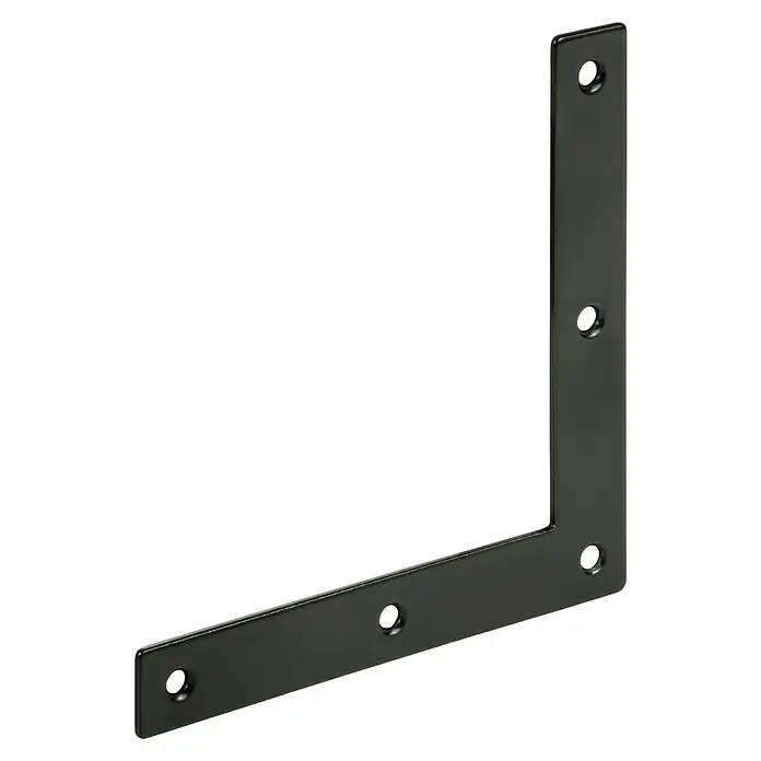 Vormann Eckwinkel - L x B x H: 100 x 15 x 100 mm, Schwarz - Schwarzer Winkelverbinder mit Bohrlöchern. Er ist aus Metall und dient zur Stabilisierung von Holzkonstruktionen oder Regalen.