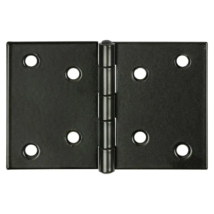 Vormann Scharnier - B x H: 120 x 80 mm, Stahl - Nahaufnahme eines schwarzen Türscharniers, das die Details und die robuste Konstruktion hervorhebt. Ideal für Heimwerkerprojekte.