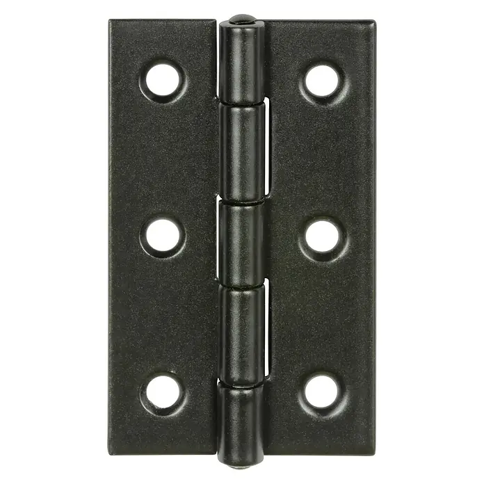 Stabilit Scharnier - L x B: 80 x 41 mm, Schwarz - Nahaufnahme eines schwarzen Türscharniers mit sichtbaren Schraubenlöchern, das die Funktionalität und robuste Bauweise des Beschlags hervorhebt.
