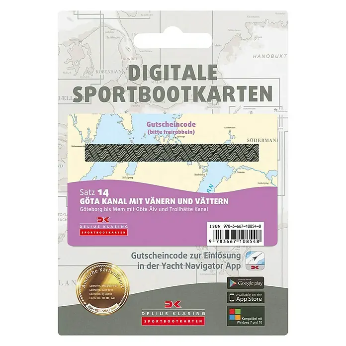 Digitale Sportbootkarte: Satz 14 - Götakanal mit Vänern und Vättern -  - Abbildung der digitalen Sportbootkarte Satz 14 "Göta Kanal mit Vänern und Vättern" von Delius Klasing mit Gutscheincodes.