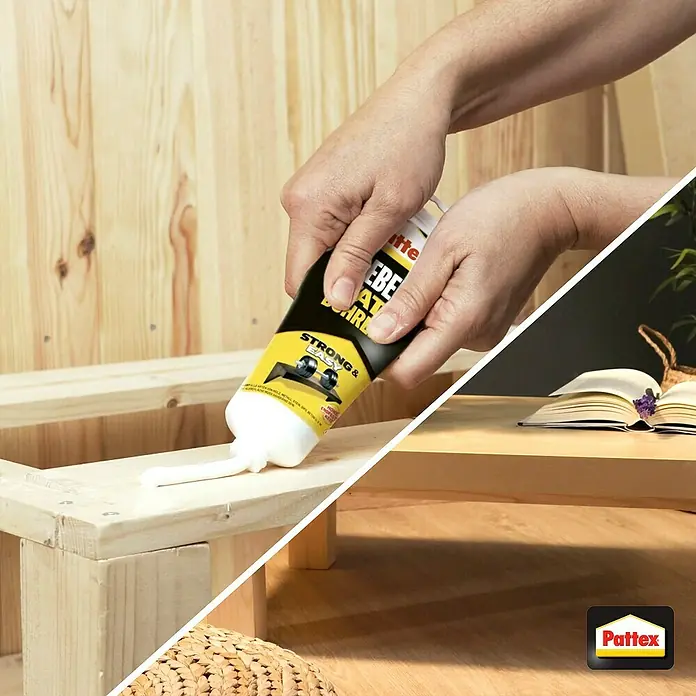 Pattex Montagekleber Kleben statt Bohren - 250 g - Ein Handwerker trägt Pattex Kleben statt Bohren Montagekleber auf ein Holzprojekt auf. Das Produkt sorgt für starke und dauerhafte Verbindungen.