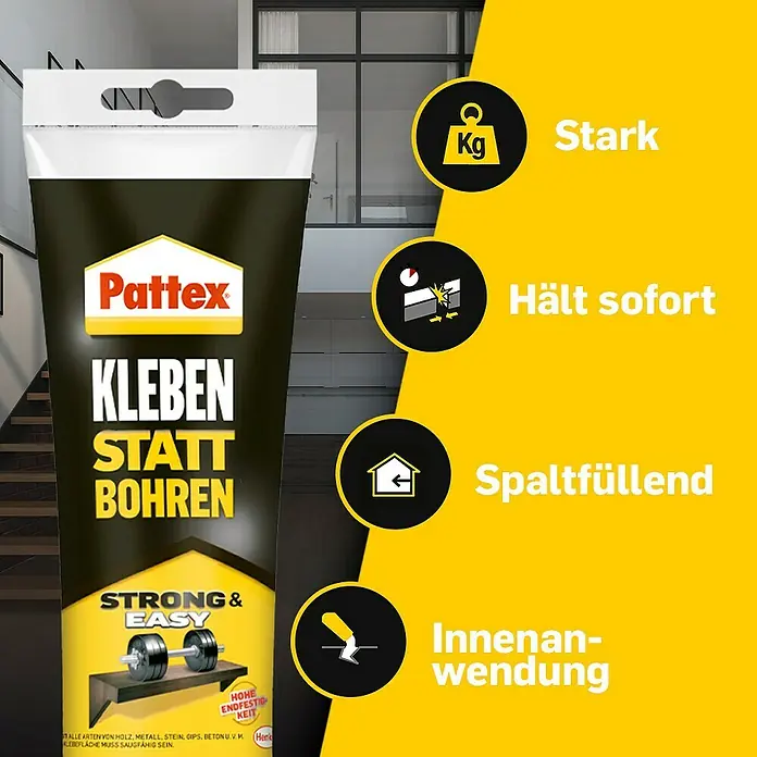 Pattex Montagekleber Kleben statt Bohren - 250 g - Pattex Kleben statt Bohren: Starker Montagekleber für Innenanwendungen. Hält sofort, füllt Spalten und ist ideal für Holz, Metall, Stein und mehr.
