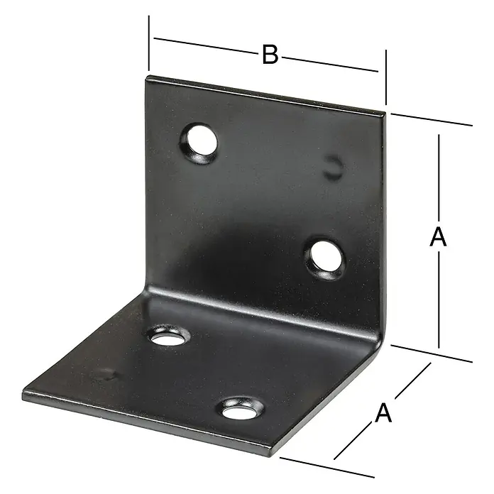 Vormann Breitwinkel - 40 x 40 mm, Schwarz, Stahl, 4 Löcher - Bild einer schwarzen Winkelverbindung mit den Maßen A und B, die für Möbelmontage und DIY-Projekte geeignet ist.