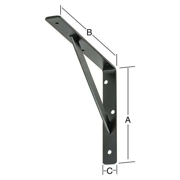Vormann Escuadra de pared - L x An x Al: 200 x 30 x 300 mm, Carga soportada: 150 kg, Acero - Imagen del producto de un soporte de estante negro con dimensiones A, B y C.