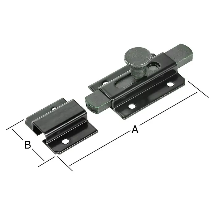 Vormann Schieberiegel - L x B: 120 x 36 mm, Stahl - Ein schwarzer Türriegel mit zwei Teilen, bezeichnet mit A und B, dargestellt auf einem weißen Hintergrund.