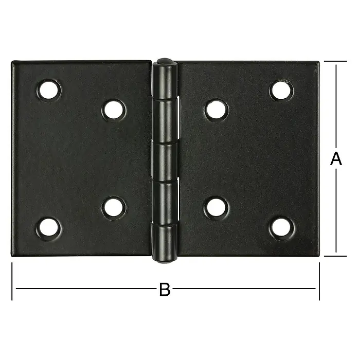 Vormann Scharnier - B x H: 120 x 80 mm, Stahl - Beschlag: Das Bild zeigt ein schwarzes Türscharnier mit Maßangaben für Höhe (A) und Breite (B), das die Konstruktionsdetails hervorhebt.