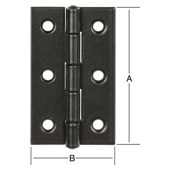 Vormann Scharnier - L x B: 80 x 41 mm, Schwarz - Nahaufnahme eines schwarzen Türbandes mit den Maßen A und B, das die Details des Beschlags zeigt.