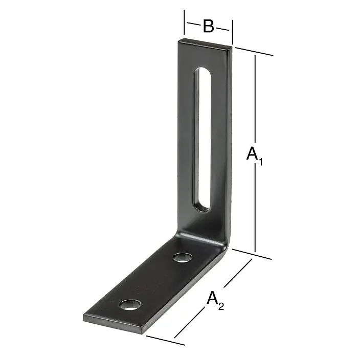 Vormann Conector en ángulo - L x An x Al: 80 x 20 x 65 mm - Imagen del producto de un soporte de ángulo negro con dimensiones A1, A2 y B para sujetar componentes.