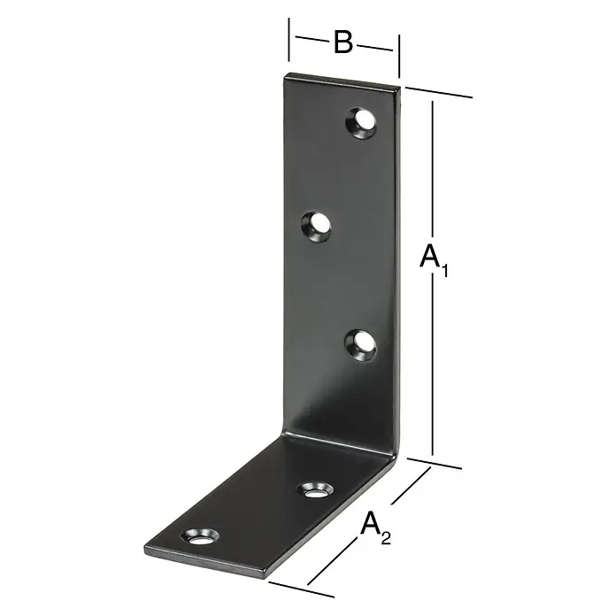 Vormann Balkenwinkel - L x B x H: 100 x 75 x 30 mm - Winkelverbinder aus schwarzem Metall mit Bohrungen für Schrauben und den Massangaben A1, A2 und B.