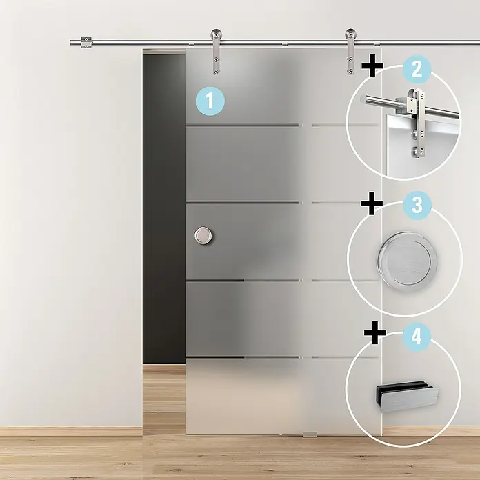 Diamond Doors Schiebetür-Komplettset Galaxy 6.0 - 935 x 2.058 mm, Einscheibensicherheitsglas (ESG) - Detailaufnahme einer modernen Glasschiebetür mit Edelstahlbeschlägen, die ein elegantes Raumdesign unterstreicht.